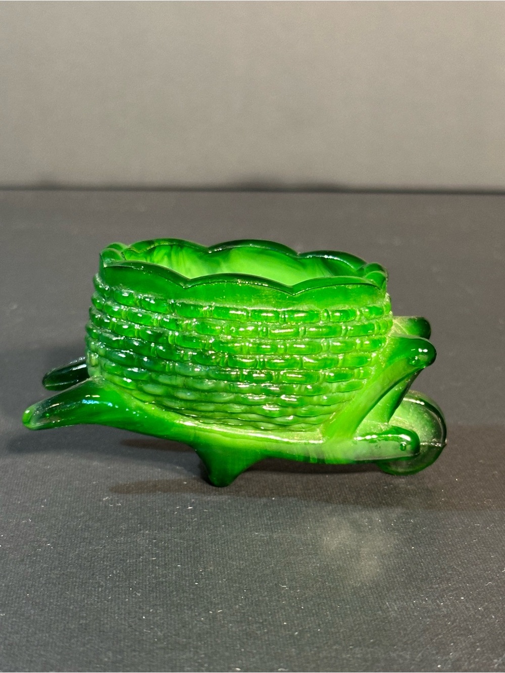Vintage Joe St. Clair Glass Dark Green Wheelbarrow Toothpick Holder Salt Dips